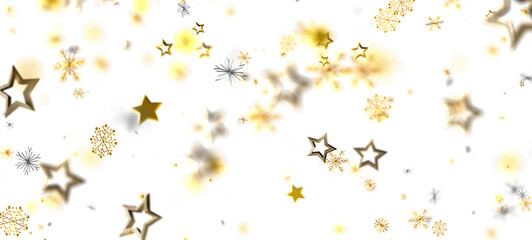 Abstract Christmas background with golden stars and snowflakes scattered on a white backdrop. Perfect for holiday designs, greetings, and festiv