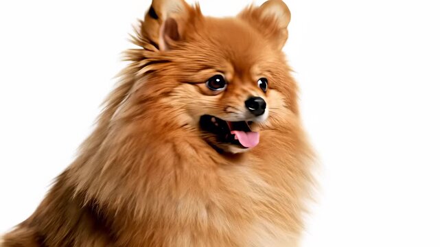Pomeranian dog confidently sits on white surface, exuding friendly loyalty and companionship, perfect for representing devoted friendship or playfulness, great as background for commercials.