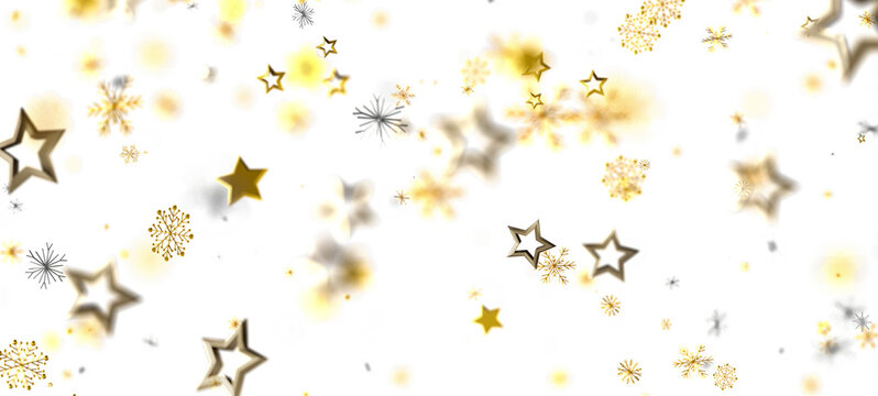 Abstract Christmas background with golden stars and snowflakes scattered on a white backdrop. Perfect for holiday designs, greetings, and festiv