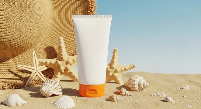Sunscreen tube on beach with starfish, shells, and straw hat on sand