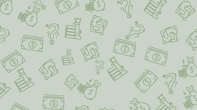 Pattern with money bags, dollar bills, and question marks, suitable for financial concepts, investment themes, or savings illustrations in design projects.