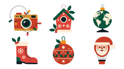Festive Assemblage: An artistic display of Christmas themed vector illustrations with a camera, boot, sphere globe, birdhouse, Christmas ball, and santa hot air balloon.