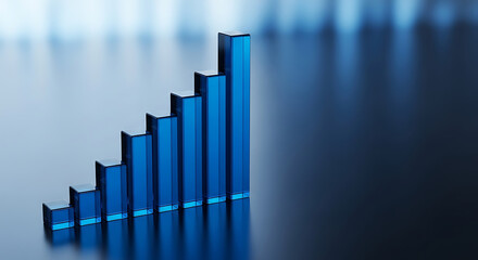 Blue bar graph showing upward trend on a reflective surface with gradient background lighting effect