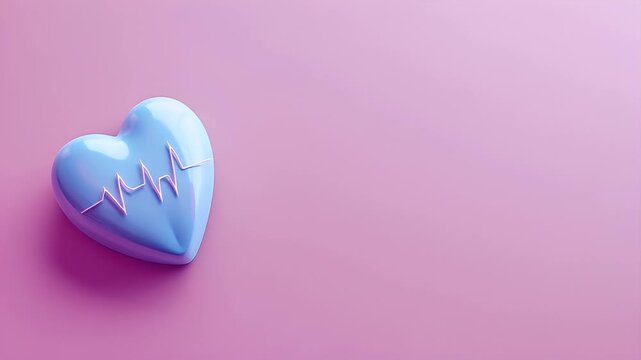 A heartshaped object with a heartbeat line on it, set against a pink background. The heart is blue, with a glossy finish, and the heartbeat line is white. The background is a gradient of pink.
