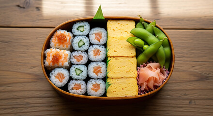 A bento box filled with assorted sushi rolls, tamagoyaki, edamame, and pickled ginger on a wooden table