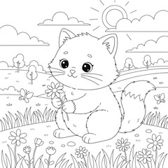 Cute Cat Holding Flower in Sunny Meadow with Butterflies - Spring Nature Coloring Page