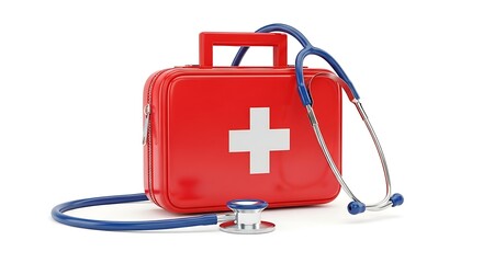 First aid kit and stethoscope on a white background for medical use