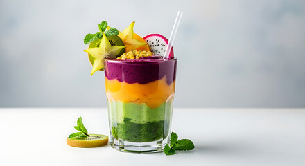 A colorful layered smoothie in a glass with starfruit dragonfruit and mint garnish on a white surface