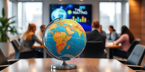 Globe on office table, planet Earth highlighted during a conference in a modern workplace Blurred corporate training activity in the background for travel concepts,  cartography,  education