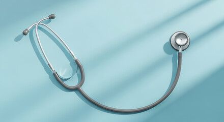 A stethoscope laying on a light blue surface with soft shadows and good lighting conditions present