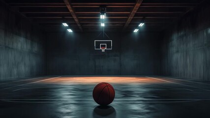 An empty basketball court with a ball in the center, illuminated by overhead lights in a dim gym - Powered by Adobe