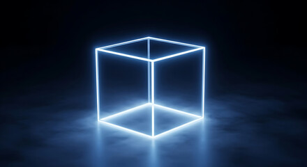 A glowing blue cube outline floating in a dark space with a reflective surface underneath it