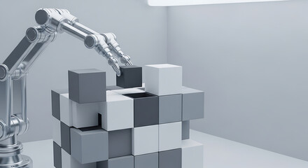 Robotic arm assembling a structure of gray and white cubes in a bright minimalist setting