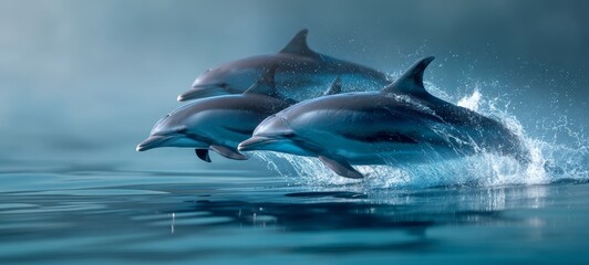 Fototapeta premium Playful dolphins jumping out of the ocean water under bright sunlight, dynamic marine wildlife scene with splashes, freedom and nature concept in vivid blue seascape