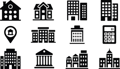 Set of twelve black and white minimalist building and real estate icons including houses, offices, banks, and calculators for business design