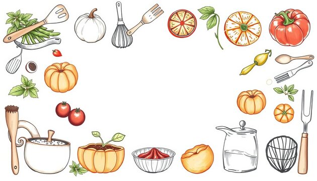 Hand-drawn sketches illustrating cooking ingredients and kitchen tools with a charming, artistic flair,  drawing,  ingredient