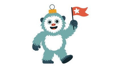 Yeti with Flag: A cheerful cartoon yeti proudly waves a flag, embodying a spirit of adventure and playfulness, against a neutral backdrop.