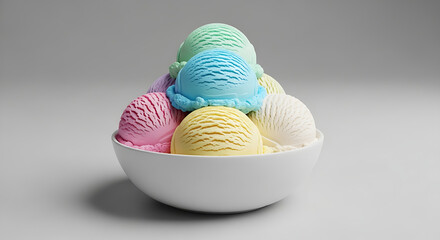 A bowl filled with multiple scoops of pastel colored ice cream on a gray background studio shot