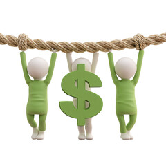 Three figures holding dollar sign on rope isolated on a transparent background
