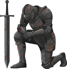 Knight kneeling with sword, solemn medieval warrior