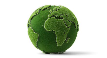 A green earth globe covered in grass showing africa europe and south america on a white background
