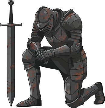 Knight kneeling with sword, solemn medieval warrior