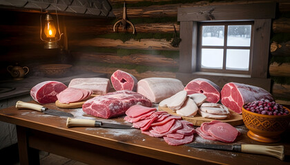 Fresh raw meat and lamb chops on a wooden table at the butcher shop