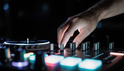 Mixing music late at night with vibrant lights and precise hand movements Generative AI