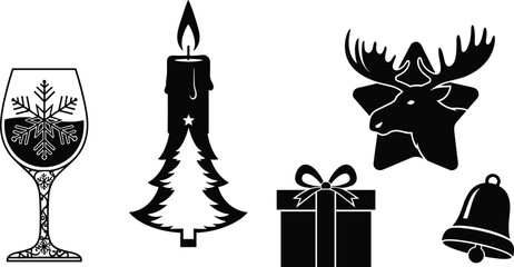 Christmas holiday silhouettes, wine glass snowflake, festive candle tree, moose star design, wrapped gift box, seasonal bell ornament, winter celebration icons