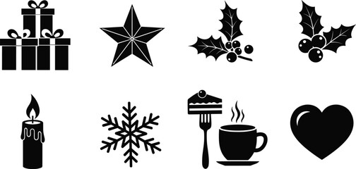 Christmas holiday silhouette icon set, gift boxes, star symbol, holly berries, candle, snowflake, cake dessert, coffee cup, love heart illustration