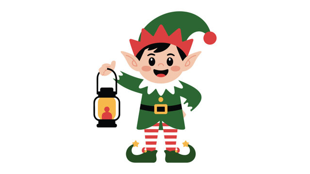 Festive Elf: A cheerful elf, with a mischievous grin and twinkling eyes, holds aloft a lantern, casting a warm glow of Christmas spirit.