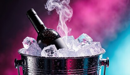 Chilled elegance with a bottle resting on ice in a vibrant glow Generative AI