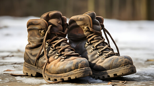 Rugged leather hiking boots ready for adventure in the great outdoors, ideal for outdoor enthusiasts needing reliable footwear and durable gear for mountain trails
