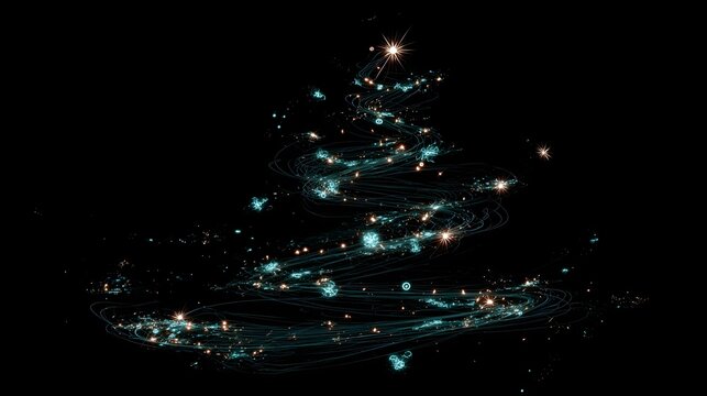 Vibrant Christmas tree made of glowing light trails and stars on dark background 