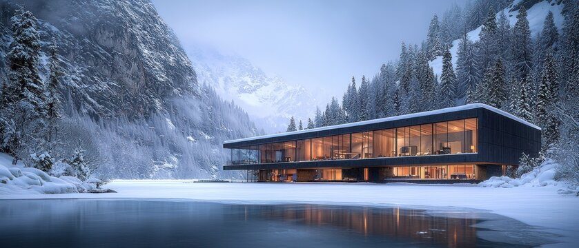 Modern glass building in snow covered mountain landscape by reflective lake