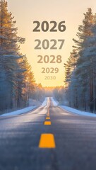 Winter road leads toward future years 2026 to 2030