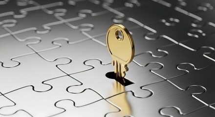 Golden key fitting into jigsaw puzzle solving complex problems metaphor success