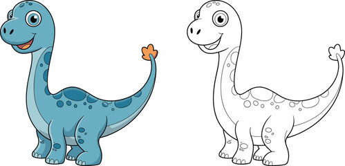 Cartoon dinosaur illustration with smiling face, cute prehistoric animal drawing, children coloring page outline, fantasy vector artwork, educational kids activity design asset