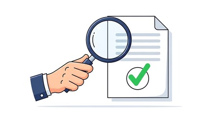 Hand holding magnifying glass to inspect document with green check mark icon