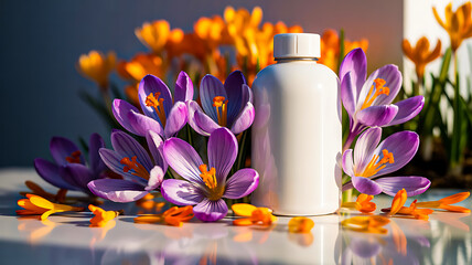 White blank plastic bottle surrounded by vibrant purple and orange crocus flowers and petals, representing natural herbal supplements, botanical health, and organic wellness products.
