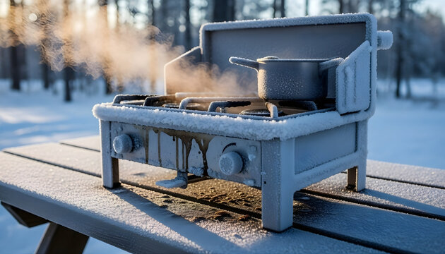 Cast iron stove burning coal and flame in the snowy winter park for cooking and heat - Powered by Adobe