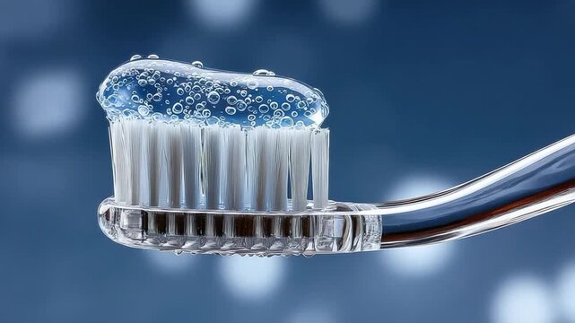 Close-up of a toothbrush with a clear, gel-like toothpaste