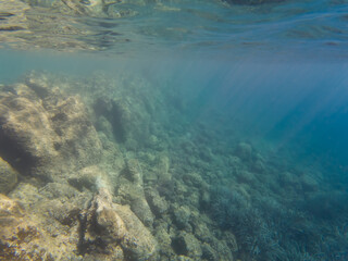 Underwater rocky seabed with sun rays in the clear blue Mediterranean Sea, Saint-Jean-Cap-Ferrat, France.