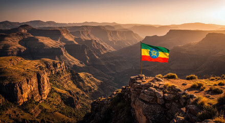Ethiopian Flag Over Simien Mountains at Sunset