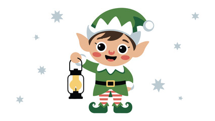 Festive Elf with Lantern: A cheerful elf, clad in a traditional green outfit and holding a glowing lantern, stands ready to spread holiday cheer amidst a gentle snowfall.