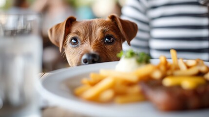 At a lively restaurant, a curious brown dog watches a plate filled with fries and steak. The sunny day adds a cheerful vibe, making the scene feel warm and inviting
