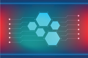 A digital background template featuring empty, glowing hexagon containers linked by abstract circuit lines, set on a dark red and blue gradient, suitable for data analysis and step-by-step infographic