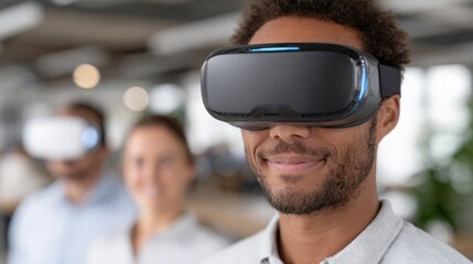 Close-up of man using virtual reality headset in office, futuristic workplace technology and innovation concept, people in background