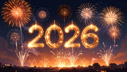 Fireworks Display Celebrating New Year 2026, Glowing Numbers Against Night Sky