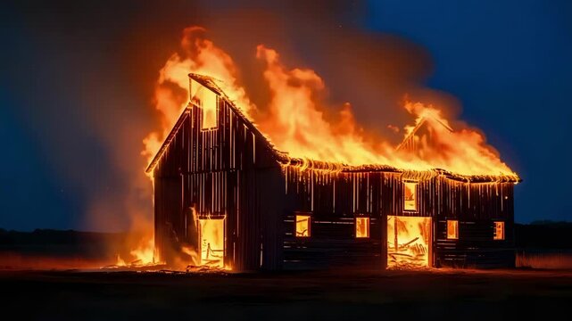 Intense flames engulf an old wooden barn under dark night sky, dramatic rural fire scene with glowing embers and smoke plumes rising above